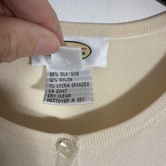 Talbots Silk Button Up Knit Cardigan Size XL Floral Cream Ivory Cottage Vintage - Picture 4 of 8